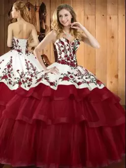 Designer Wine Red Sleeveless Organza Sweep Train Lace Up Vestidos de Quinceanera for Military Ball and Sweet 16 and Quinceanera