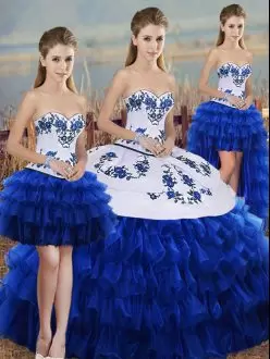 Royal Blue Sweet 16 Dresses Military Ball and Sweet 16 and Quinceanera with Embroidery and Ruffled Layers and Bowknot Sweetheart Sleeveless Lace Up