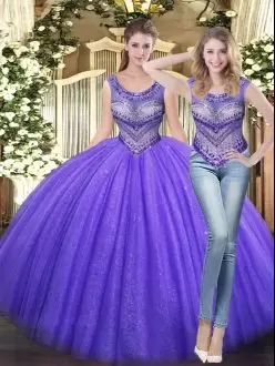 Luxury Lavender Lace Up Scoop Beading Quince Ball Gowns Tulle Sleeveless