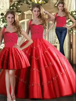 New Arrival Floor Length Red 15th Birthday Dress Tulle Sleeveless Appliques