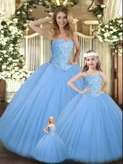 Sleeveless Tulle Floor Length Lace Up Quince Ball Gowns in Baby Blue with Beading