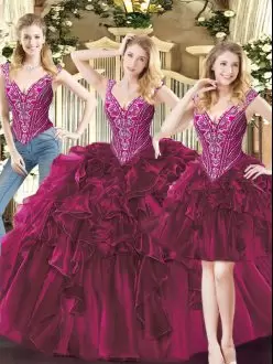 Comfortable Organza Sleeveless Floor Length Sweet 16 Quinceanera Dress and Beading and Ruffles