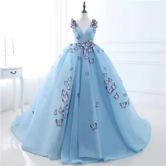 Customized Plus Size Baby Blue Butterfly Themed Sweet 16 Dress with Train