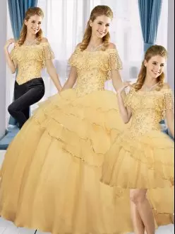 Elegant Sleeveless Tulle Floor Length Lace Up Sweet 16 Quinceanera Dress in Gold with Beading and Ruffled Layers