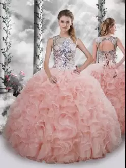 Baby Pink Ball Gowns Beading and Ruffles Quince Ball Gowns Lace Up Organza Sleeveless Floor Length