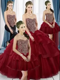 Beauteous Wine Red Sleeveless Beading and Ruffled Layers Floor Length Vestidos de Quinceanera