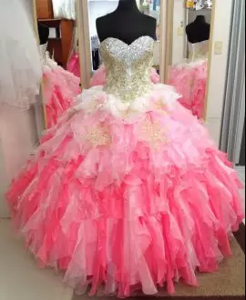 Custom Design Sleeveless Organza Floor Length Lace Up Sweet 16 Dresses in Multi-color with Beading and Appliques