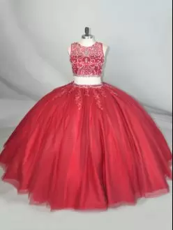 Sexy Wine Red Two Piece Illusion Tulle Zipper Back Quinceanera Dress with Beads and Appliques