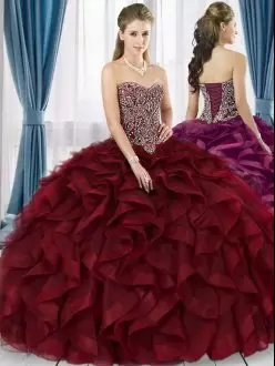 Tulle Sweetheart Sleeveless Lace Up Beading and Ruffles 15 Quinceanera Dress in Wine Red