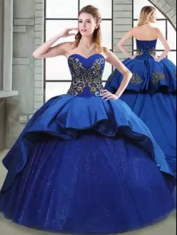 Elegant Sleeveless Beading and Appliques and Embroidery Lace Up 15 Quinceanera Dress with Blue Court Train