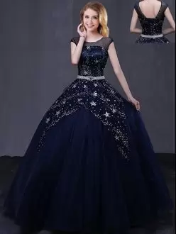 Hot Selling Navy Blue Ball Gowns Beading and Belt Quinceanera Dresses Lace Up Tulle Cap Sleeves Floor Length