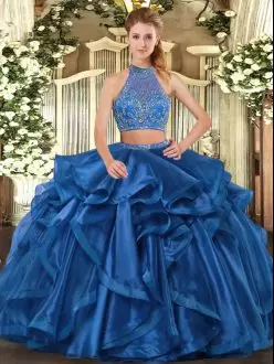 Luxurious Blue Criss Cross Sweet 16 Dress Beading and Ruffled Layers Sleeveless Floor Length