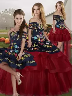 Wine Red Quinceanera Dress Military Ball and Sweet 16 and Quinceanera with Embroidery and Ruffled Layers Off The Shoulder Sleeveless Brush Train Lace Up