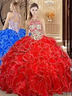 Coral Red Quince Ball Gowns Military Ball and Sweet 16 with Embroidery and Ruffles Scoop Sleeveless Backless
