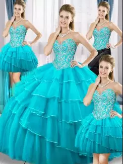 Dramatic Sweetheart Sleeveless Tulle Quince Ball Gowns Beading and Ruffled Layers Lace Up