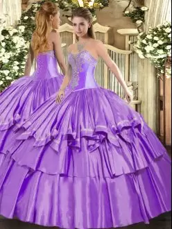 Fashionable Lavender Organza and Taffeta Lace Up Sweet 16 Dress Sleeveless Floor Length Beading and Ruffled Layers