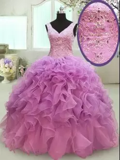 Traditional V-neck Sleeveless Lace Up 15 Quinceanera Dress Lilac Organza Beading and Ruffles