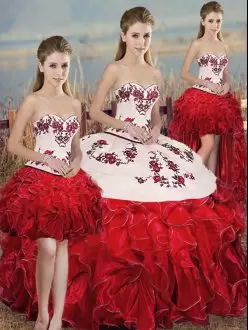 White And Red Ball Gowns Sweetheart Sleeveless Organza Floor Length Lace Up Embroidery and Ruffles and Bowknot Vestidos de Quinceanera