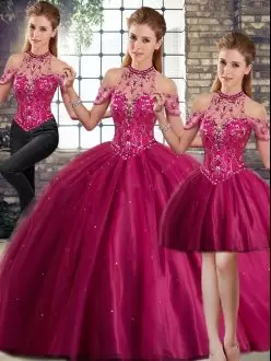 Fuchsia Sweet 16 Dresses Tulle Brush Train Sleeveless Beading