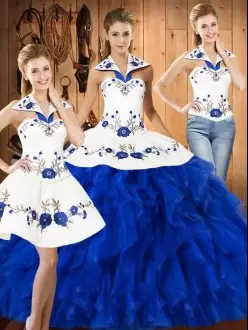 Discount Floor Length Lace Up Quinceanera Gowns Blue And White for Military Ball and Sweet 16 and Quinceanera with Embroidery and Ruffles