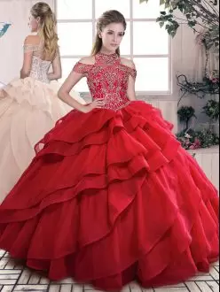 Delicate Sleeveless Organza Floor Length Lace Up Quinceanera Dresses in Red with Beading and Ruffled Layers