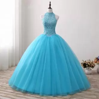 High End Baby Blue Quinceanera Gowns Sweet 16 and Quinceanera with Lace and Appliques High-neck Sleeveless Lace Up