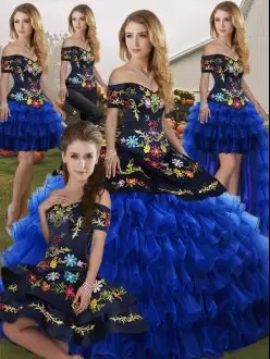 Blue And Black Ball Gowns Off The Shoulder Sleeveless Organza Floor Length Lace Up Embroidery and Ruffled Layers Sweet 16 Dresses