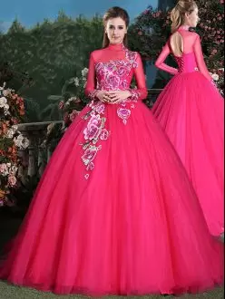 Coral Red High-neck Neckline Appliques Sweet 16 Quinceanera Dress Long Sleeves Lace Up