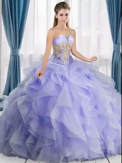 Fantastic Lavender Lace Up Sweetheart Beading and Ruffles Quinceanera Gown Organza Sleeveless Sweep Train