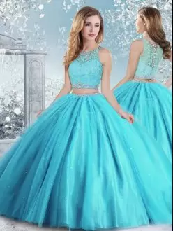 Deluxe Floor Length Ball Gowns Sleeveless Aqua Blue Quinceanera Dresses Clasp Handle