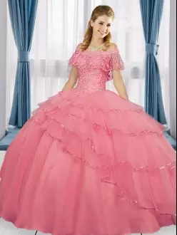 Fancy Floor Length Watermelon Red Vestidos de Quinceanera Off The Shoulder Short Sleeves Lace Up