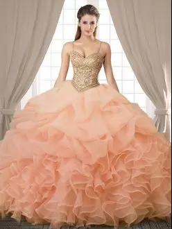 Discount Spaghetti Straps Sleeveless Lace Up Quinceanera Gown Peach Organza Beading and Ruffles and Pick Ups