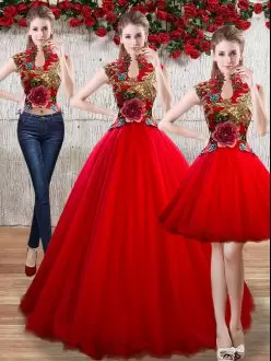 Suitable Red Ball Gowns High-neck Sleeveless Organza Floor Length Lace Up Appliques Sweet 16 Dresses