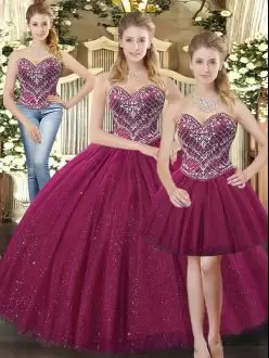 Fuchsia Tulle Lace Up Sweet 16 Quinceanera Dress Sleeveless Floor Length Beading