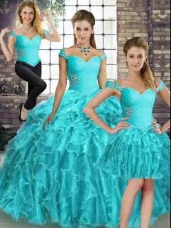 Off The Shoulder Sleeveless Organza 15th Birthday Dress Beading and Ruffles Brush Train Lace Up