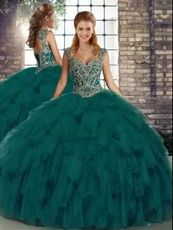 Shining Peacock Green Ball Gowns Straps Sleeveless Organza Floor Length Lace Up Beading and Ruffles Quinceanera Dress