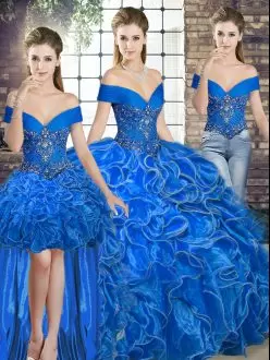 Royal Blue Three Pieces Organza Off The Shoulder Sleeveless Beading and Ruffles Floor Length Lace Up Sweet 16 Quinceanera Dress