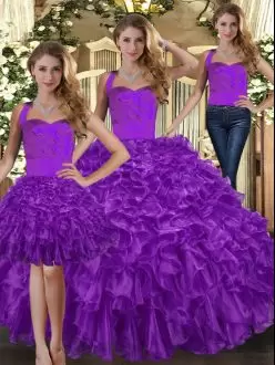 Floor Length Three Pieces Sleeveless Purple Quinceanera Dresses Lace Up