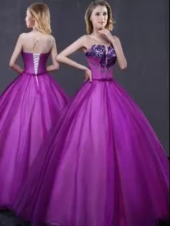 Enchanting Purple Sleeveless Tulle Lace Up Vestidos de Quinceanera for Military Ball and Sweet 16 and Quinceanera