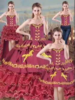 Eye-catching Sweetheart Sleeveless Quinceanera Gown Brush Train Embroidery and Ruffles Burgundy Satin and Organza