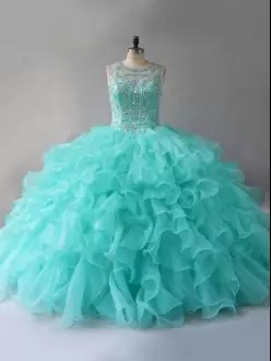 Wonderful Floor Length Lace Up 15th Birthday Dress Aqua Blue for Sweet 16 and Quinceanera with Beading and Ruffles