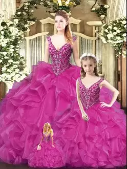 On Sale Tulle Straps Sleeveless Lace Up Beading and Ruffles Quinceanera Gown in Fuchsia