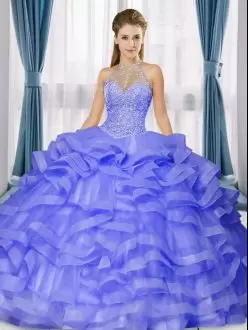 High Class Lavender Lace Up High-neck Beading and Ruffles Quinceanera Dress Organza Sleeveless