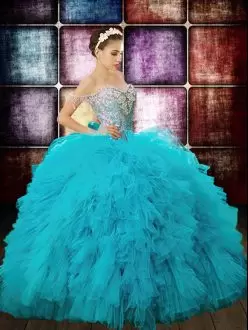 Beautiful Aqua Blue Off The Shoulder Zipper Beading and Ruffles and Sequins 15th Birthday Dress Sleeveless