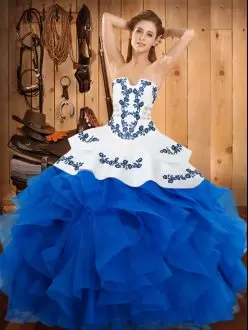 Blue Sleeveless Satin and Organza Lace Up Sweet 16 Quinceanera Dress for Military Ball and Sweet 16 and Quinceanera