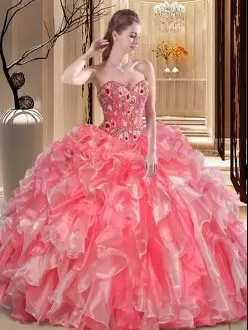 Dynamic Embroidery and Ruffles Vestidos de Quinceanera Watermelon Red Lace Up Sleeveless Floor Length