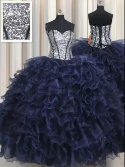 Navy Blue Lace Up Quinceanera Dress Ruffled Layers and Sequins Sleeveless Floor Length