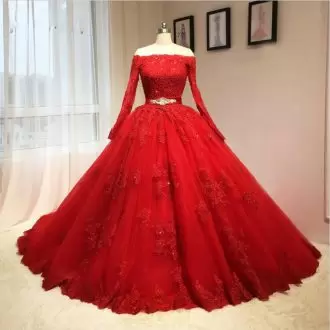 Pretty Red Quinceanera Gown with Long Sleeves Quince Dress with Train Belt