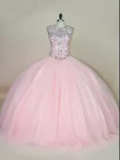 Inexpensive Ball Gowns 15 Quinceanera Dress Baby Pink Scoop Tulle Sleeveless Lace Up