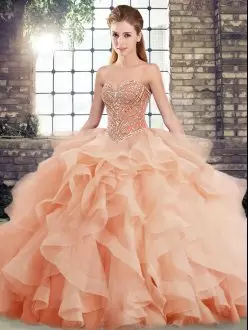 Luxury Peach Sleeveless Tulle Brush Train Lace Up Sweet 16 Quinceanera Dress for Military Ball and Sweet 16 and Quinceanera
